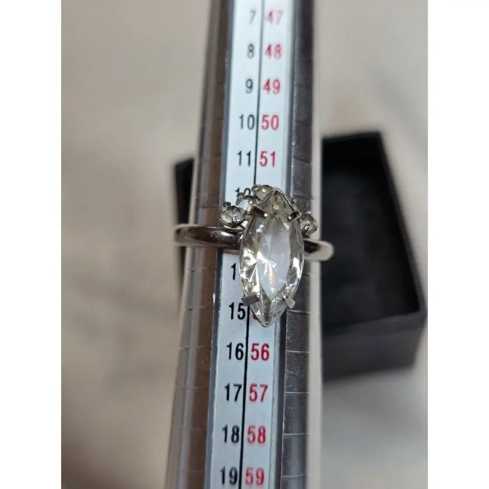 Marquise Cut Solitaire Silver Tone Ring‎ Adjustable 6.5